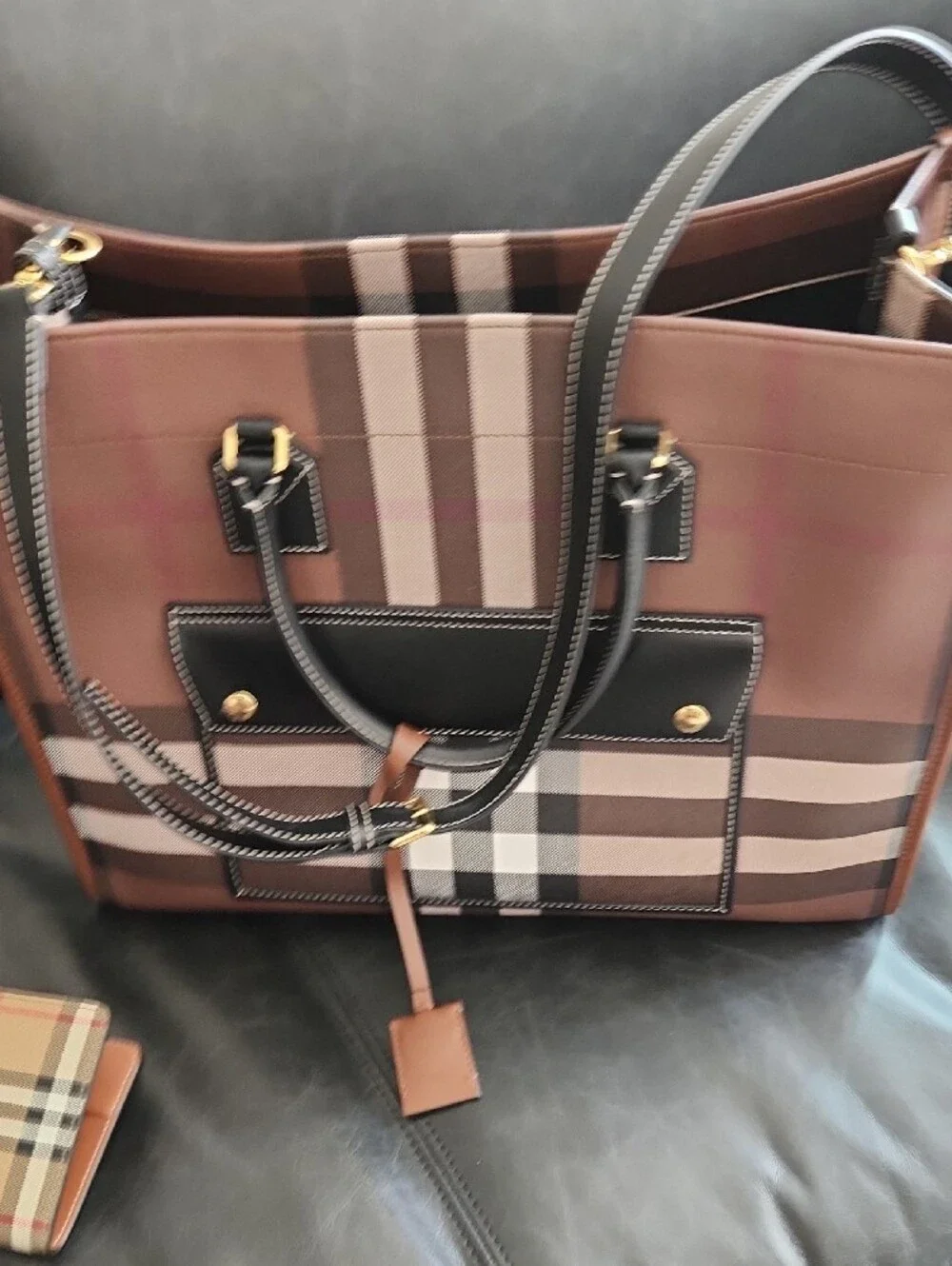 Burberry Brown Plaid Tote with Black Handles and Gold Hardware